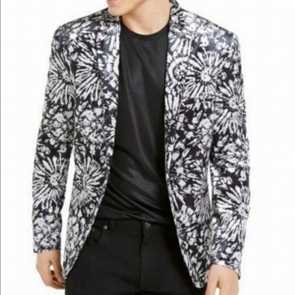 INC-Sport Coat Black L Slim-Fit Velvet FlowerBurst